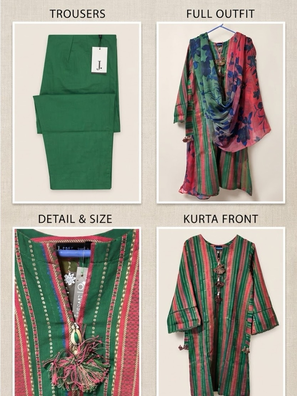 J.Pret Green Striped Women’s Kurta Set with Matching Trousers & dopatta. Size S - Picture 1 of 8